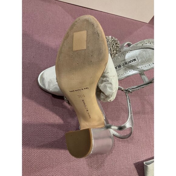 Manolo Blahnik Elhob 105 Leather Sandal in Silver 36.5 with Box Womens High Heel - Picture 11 of 15
